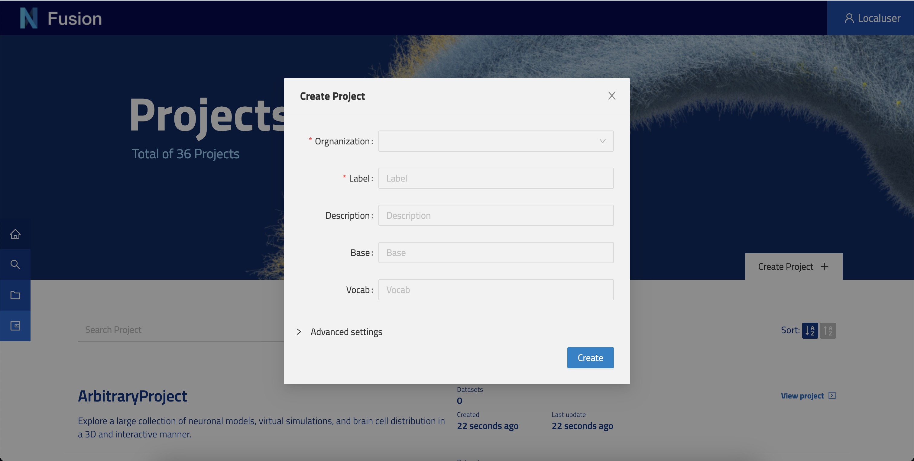 Project creation modal