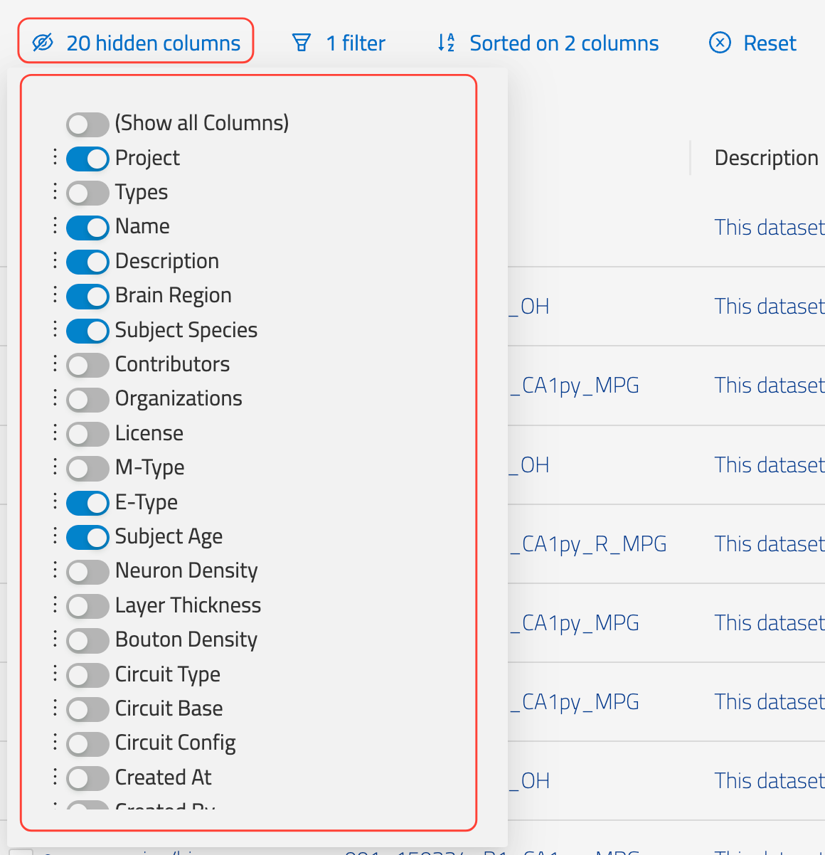 Hidden Columns Dialog