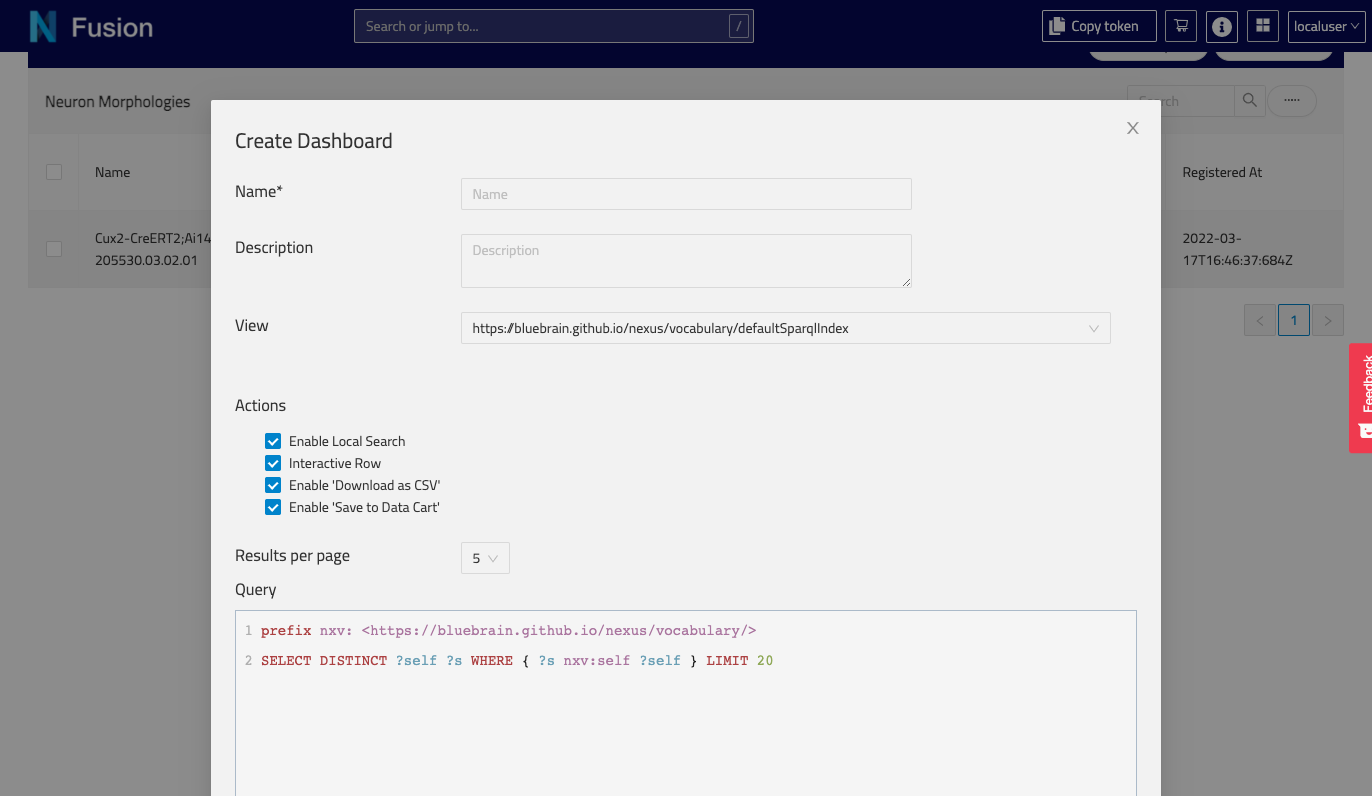 Create Dashboard form