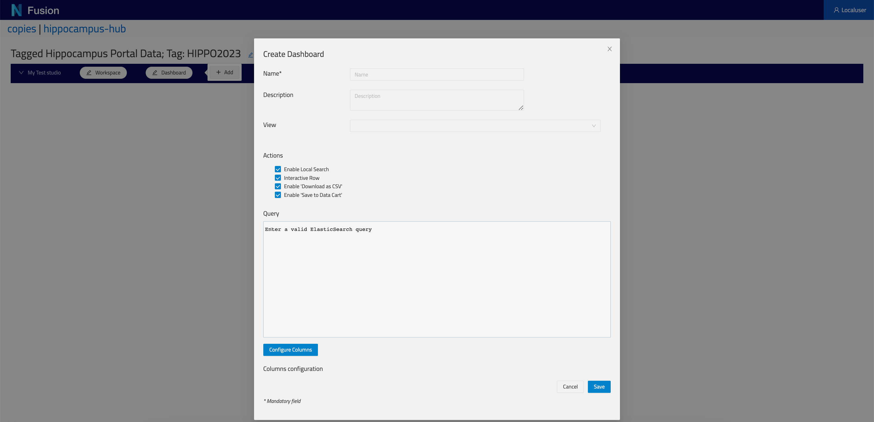 Create Dashboard form